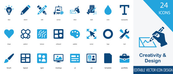 Creativity and Design vector icon set. containing canvas, draw, style, shape, pattern, texture and more solid collection
