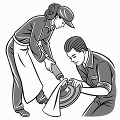 Industrial Workers Polishing A Part With Machine And Cloth Detailed Illustration