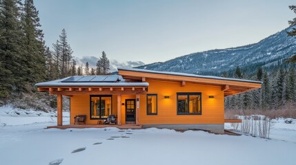 Rustic, modern orange cabin nestled in snowy mountain landscape.