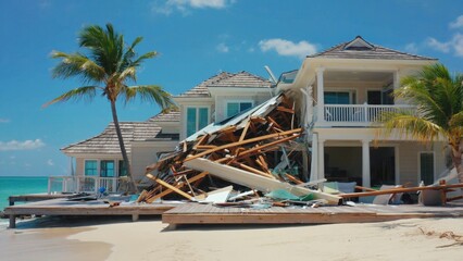 Beachfront house severely damaged with debris scattered around.