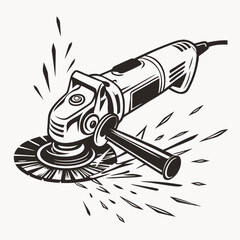 Angle Grinder Tool Monochrome Illustration With Sparks Flying Isolated On White Background