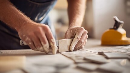 Worker cutting tiles for a kitchen backsplash installation. Featuring craftsmanship and precision