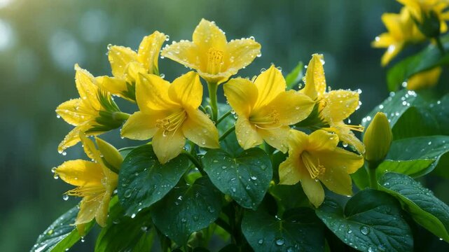 Tecoma stans, also referred to as Yellow bell or Yellow trumpet flower, or Trumpet vine with a raindrop or rain droplet. An enchanting video.