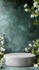 Floral Display on a Round Pedestal Against a Textured Green Background With White Blossoms