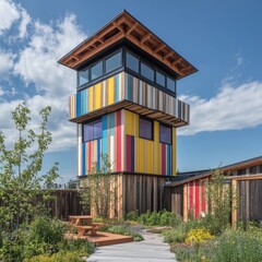 Vibrant multi-colored observation tower with wooden siding.