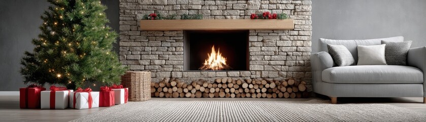 Cozy living room scene, decorated tree near crackling fireplace, presents under tree - chimney homey winter interior calming