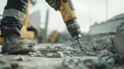 Worker handling a pneumatic drill for concrete demolition. Featuring power and precision