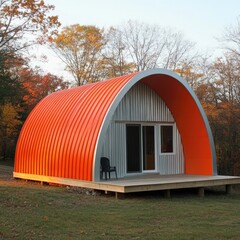 Modern, curved, corrugated metal cabin in a wooded setting.
