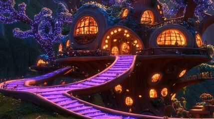 Enchanting, bioluminescent treehouse nestled amongst mystical foliage.