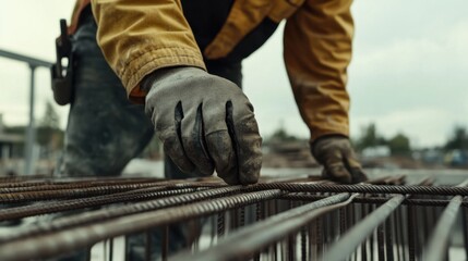 Construction worker securing rebar for concrete pouring. Featuring stability and structure