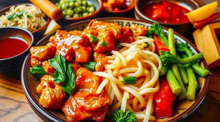 low calorie noodles with spicy meat. served on an old ceramic plate, set on a generate ai wooden table.