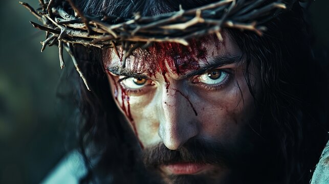 Dramatic closeup portrait of jesus christ crown of thorns blood man god holy face eyes hair dark pain