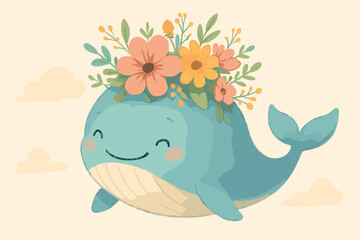 Floral whale delight: charming whale with floral crown perfect for children's decor