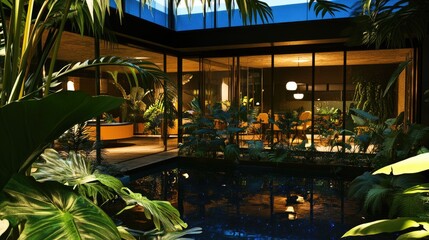 Tropical courtyard at night, lush vegetation and glass walls.