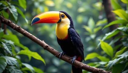 Obraz premium Vibrant toucan perched on branch amidst lush greenery in tropical rainforest, showcasing bright colors and striking features
