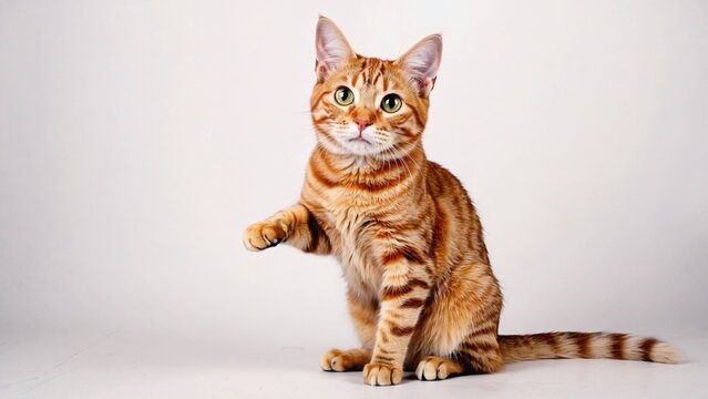An orange and white tabby kitten. The cat is sitting on a plain background, looking at the camera with bright eyes.