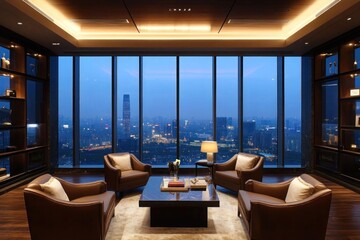 An executive lounge in a five-star hotel with floor-to-ceiling glass offering a city skyline view. The luxurious leather armchairs, ambient lighting, and handcrafted cocktails set the tone for success