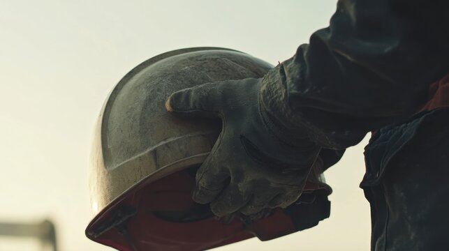 Construction worker securing safety gear at a building site. Featuring safety and caution