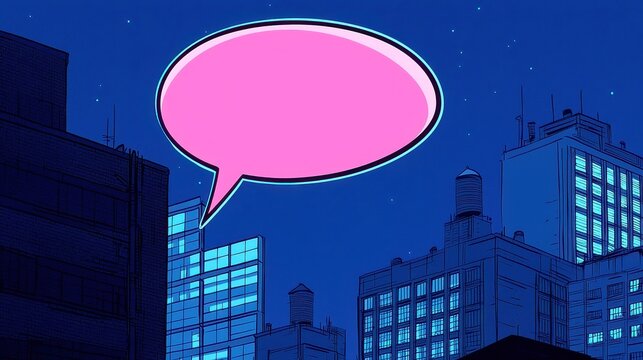 Vibrant Nighttime Cityscape, pop-art style silhouettes of buildings, colorful backdrop, blank comic bubble overhead, evoking a superhero theme in an urban setting.