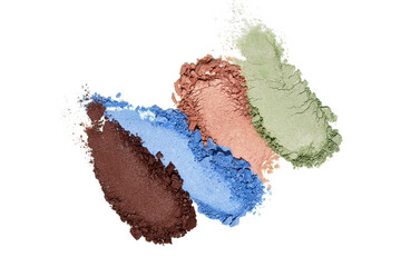 Blue, golden, brown, nude shimmering eye shadow texture smears isolated on white background. Cosmetic product swatch