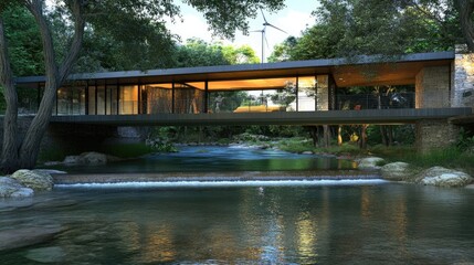 Modern bridge-like house spans tranquil creek.