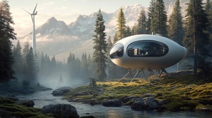 Futuristic, eco-friendly dwelling nestled in a serene mountain landscape.