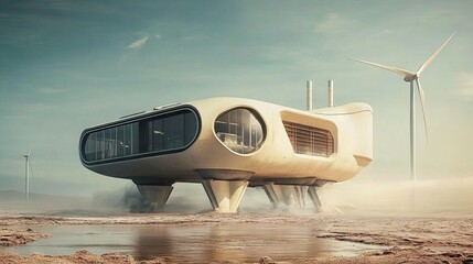 Futuristic, off-road home in a desolate landscape.