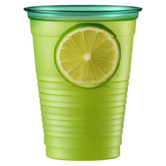 Refreshing Green Drink in Transparent Plastic Cup with Lime, isolated on transparent background.