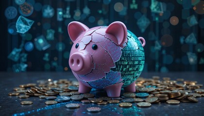 Cracked Piggy Bank Digital Currency Finance Crisis Binary Code Savings Economy Money Coins