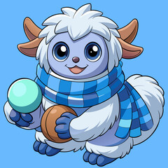 Naklejka premium Adorable baby yeti in a fluffy scarf playing with snowballs, perfect for winter-themed digital art and designs.
