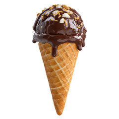Delicious Chocolate Ice Cream Cone with Nuts Topping, isolated on transparent background.