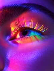 Close-up eye with vibrant multi-colored neon lights emphasizing the eyelashes