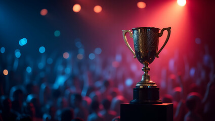 Develop an award winning Europe Song Contest winner visual that features triumphant imagery bold trophy elements and vibrant stage moments to encapsulate victory and elite performance. in  Photo Stock