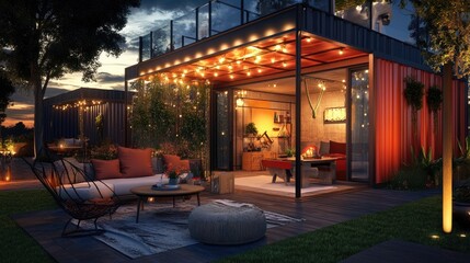 Rustic, modern container home exterior at twilight.