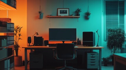 yellow and woven study room monitor table and chair, home office
