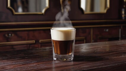 A single-serve espresso latte, with artistic frothed milk and aromatic steam rising off the surface.