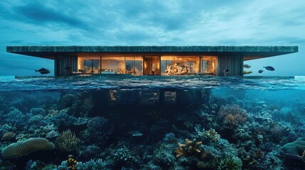 Submerged modern house on a coral reef.