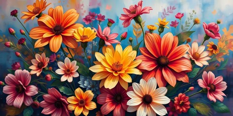Vibrant oil painting of abstract colorful flowers on a beautiful background, color, texture
