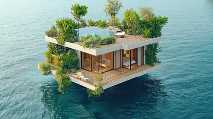 Floating eco-home nestled amidst the azure waters.