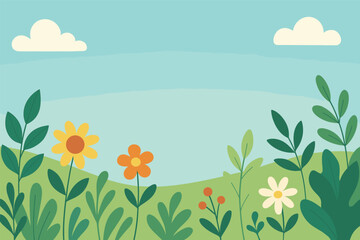 Obraz premium Simple floral summer scene with blue sky and greenery for seasonal design