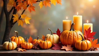 Vibrant fall arrangement with pumpkins, gourds, autumn foliage, and candles on wooden table, cozy, November, festive