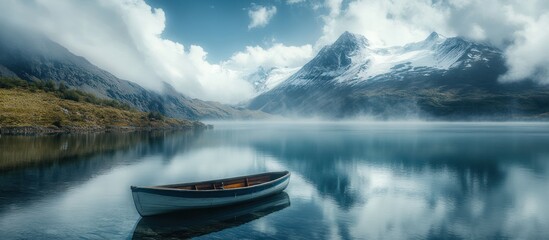 Calm lake, rowboat, misty mountains, peaceful scene