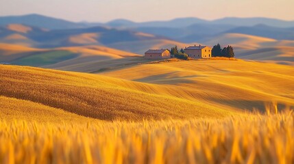 Obraz premium Golden hills and farmhouses at dawn