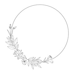 Frame of floral twigs with leaves and flowers. Wreath of branches, black outline, isolated on white. Botanical sketch, round garland for wedding decoration, and design projects. Vector illustration