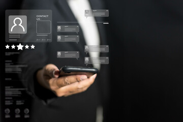 Client service enhanced by businessman technology through digital contact, customer support, social communication, instant answer, and interactive assistance system