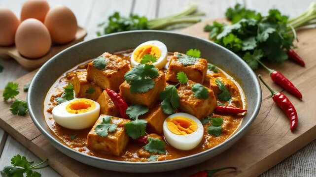 Tofu and Boiled Egg Curry Recipe for Commercial Use with Copy Space