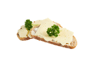 slice of bread with butter and cheese and parsley on top isolated on white or transparent png
