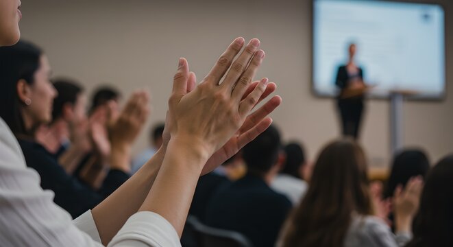 Close up of applauding hands conveys appreciation and encouragement. Speaker, presenter speaks at lecture, presentation, training for group of people. Concepts of support, celebration