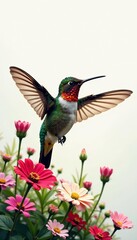 Vibrant flower garden with hummingbird wings superimposed, blending nature's elements in a harmonious double exposure, blend, flowers, hummingbird
