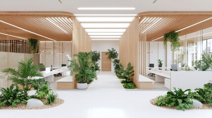 Fototapeta premium Healthcare Collaboration in Vibrant Coworking Hub, featuring shared wellness spaces, abundant greenery, and inviting zones fostering teamwork and innovation in health initiatives